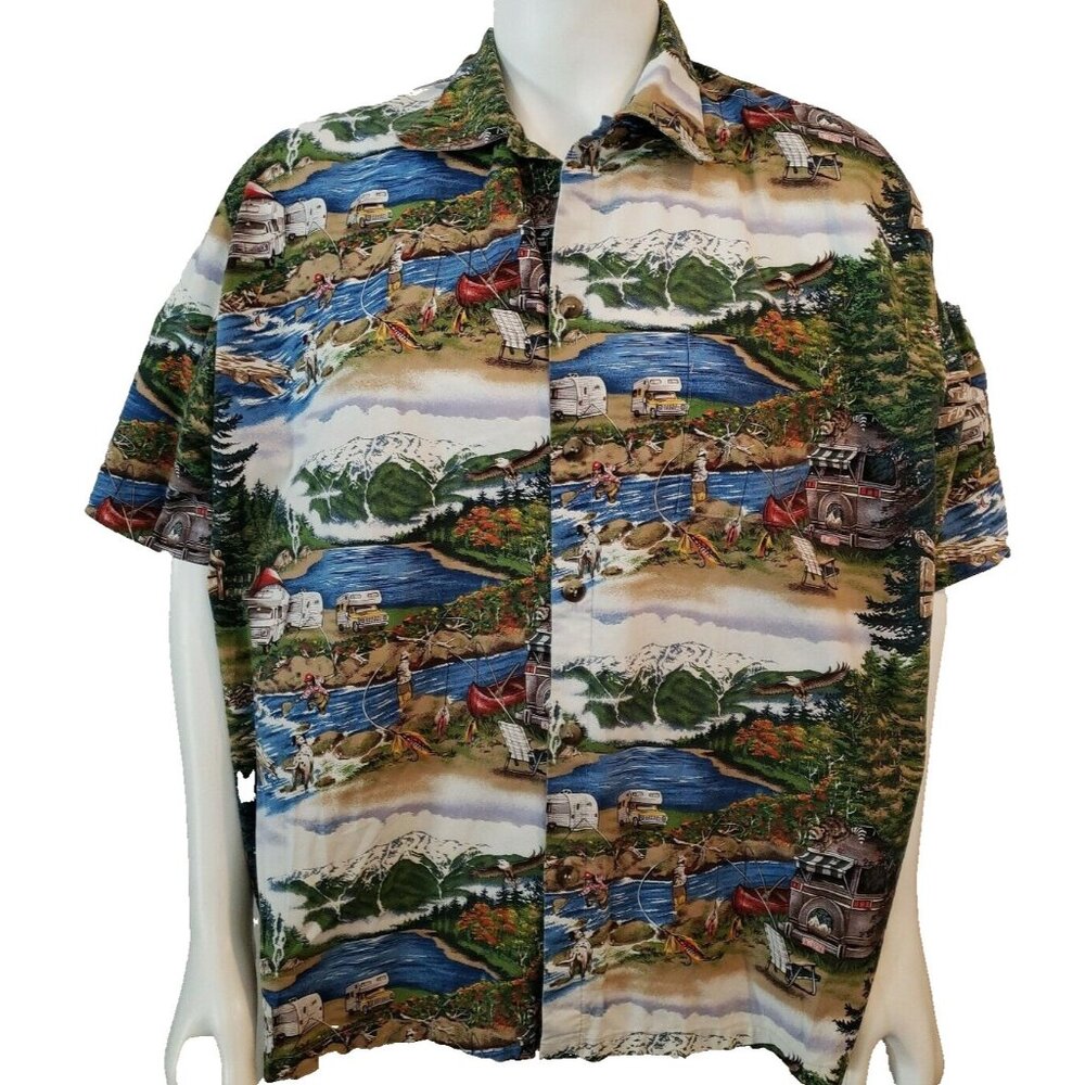 Scenic All Over Print Shirt Mens 2XL Cotton Lake Campground Short Sleeve Fishing